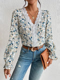 Lace Trim Floral Print Blouse, Elegant Ruffle Trim Long Sleeve V Neck Blouse For Spring & Fall, Women's Clothing