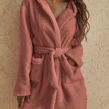 Simple Solid Fuzzy Night Robe, Casual Long Sleeve Hooded Robe With Belt & Pockets, Women's Sleepwear