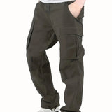 gbolsos  Trendy Solid Cotton Cargo Pants, Men's Multi Flap Pocket Trousers, Loose Casual Outdoor Pants, Men's Work Pants Outdoors streetwear hip hop style