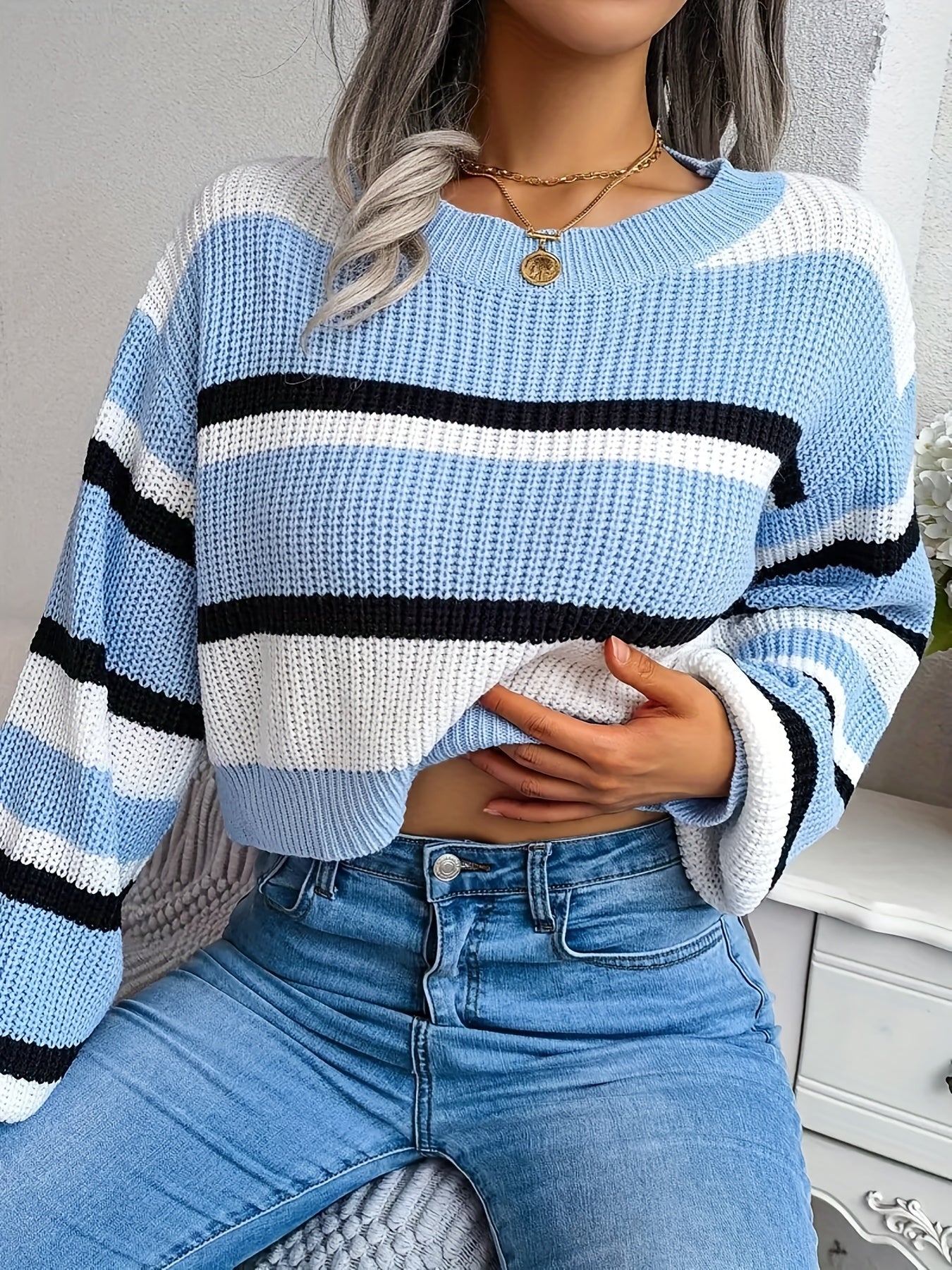 gbolsos  Striped Crew Neck Crop Sweater, Casual Long Sleeve Sweater For Spring & Fall, Women's Clothing