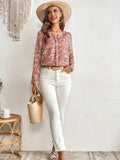 gbolsos  Floral Print Notched Neck Blouse, Casual Long Sleeve Versatile Blouse, Women's Clothing