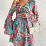 Paisley Print Layered Dress, Boho V Neck Long Sleeve Pleated Dress, Women's Clothing