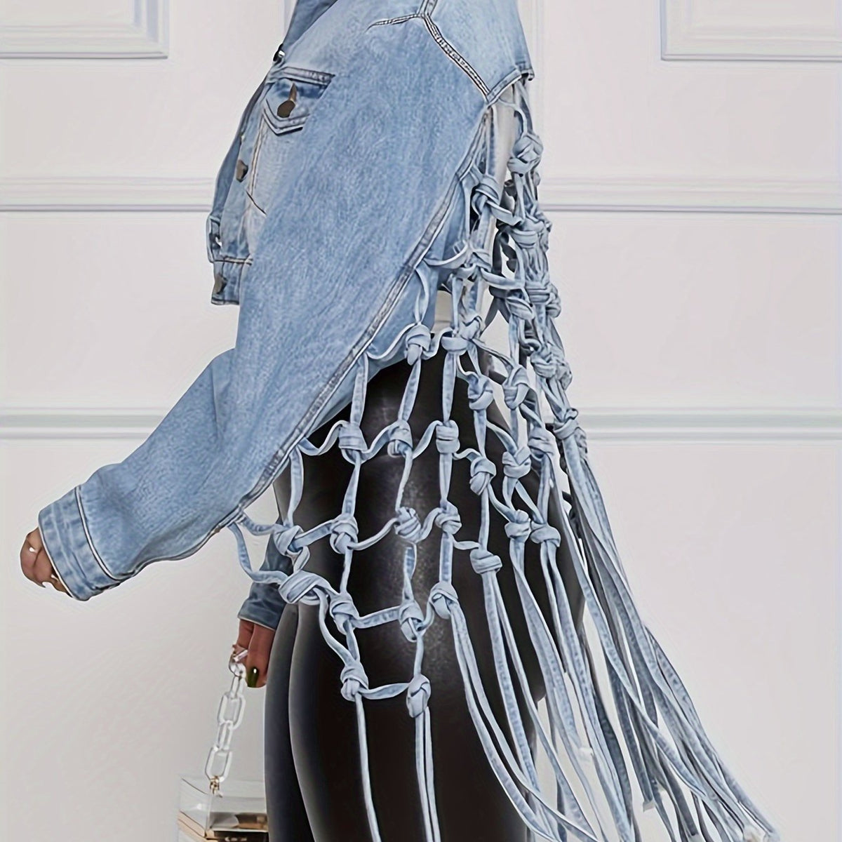 gbolsos  Back Woven Mesh Tassel Hem Denim Jacket, Hollow Out Knotted Cropped Denim Coats, Women's Denim Jackets & Clothing