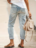 gbolsos  Blue Loose Fit Straight Jeans, Slash Pockets Ripped Holes Distressed Denim Pants, Women's Denim Jeans & Clothing