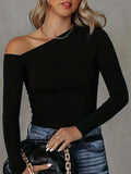 Solid Cold Shoulder T-Shirt, Casual Long Sleeve Top For Spring & Fall, Women's Clothing