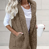 Solid Open Front Teddy Vest, Versatile Sleeveless Faux Fur Jacket For Fall & Winter, Women's Clothing