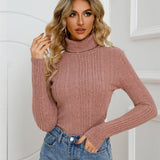 Ribbed Turtleneck T-Shirt, Casual Long Sleeve Top For Fall & Winter, Women's Clothing