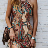 Paisley Print Tie Back Dress, Boho Shirred Waist Sleeveless Dress, Women's Clothing