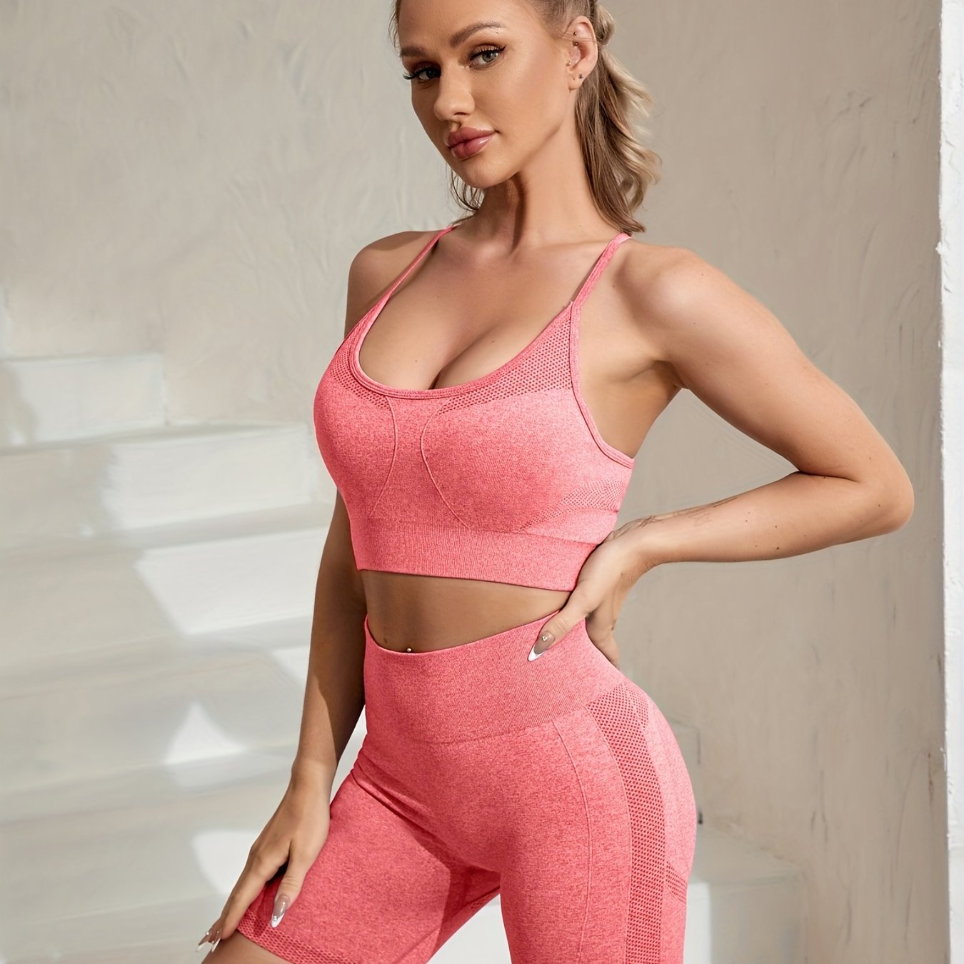 gbolsos  2pcs Solid Workout Sets, Cross Strap Sexy Fitness Cami Sports Bra & High Waist Shorts, Women's Activewear