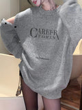 gbolsos  Letter Pattern Crew Neck Pullover Sweater, Casual Cold Shoulder Long Sleeve Loose Sweater, Women's Clothing