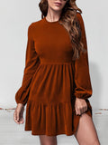 Solid Tiered Dress, Casual Crew Neck Long Sleeve Dress, Women's Clothing