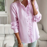 Striped Print Button Front Shirt, Ruffle Trim Long Sleeve Shirt For Spring & Fall, Women's Clothing