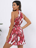 Leaf Print Halter Neck Dress, Boho Sleeveless Tie Front Dress For Spring & Summer, Women's Clothing