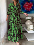 gbolsos  Plus Size Casual Dress, Women's  Plus Floral Print Shirred Lantern Sleeve V Neck Maxi Dress