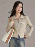 gbolsos Solid Zip Up Knit Cardigan, Casual Collared Long Sleeve Slim Fit Cardigan, Women's Clothing