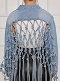 gbolsos  Back Woven Mesh Tassel Hem Denim Jacket, Hollow Out Knotted Cropped Denim Coats, Women's Denim Jackets & Clothing