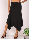 Plus Size Elegant Skirt, Women's Plus Solid High Rise Medium Stretch Asymmetric Hem Skirt