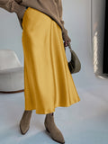 Retro Satin Maxi Skirts, Casual Solid High Waist Vintage Fashion Summer Skirts, Women's Clothing