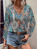 gbolsos  Paisley Print Blouse, Boho V Neck Long Sleeve Blouse, Women's Clothing