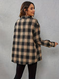 Casual Plaid Button Loose Blouses, Gingham V-neck Long Sleeve Fit Fashion Tops, Women's Clothing