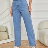 gbolsos  Light Blue Casual Straight Jeans, Non-Stretch Loose Fit Slash Pockets Denim Pants, Women's Denim Jeans & Clothing