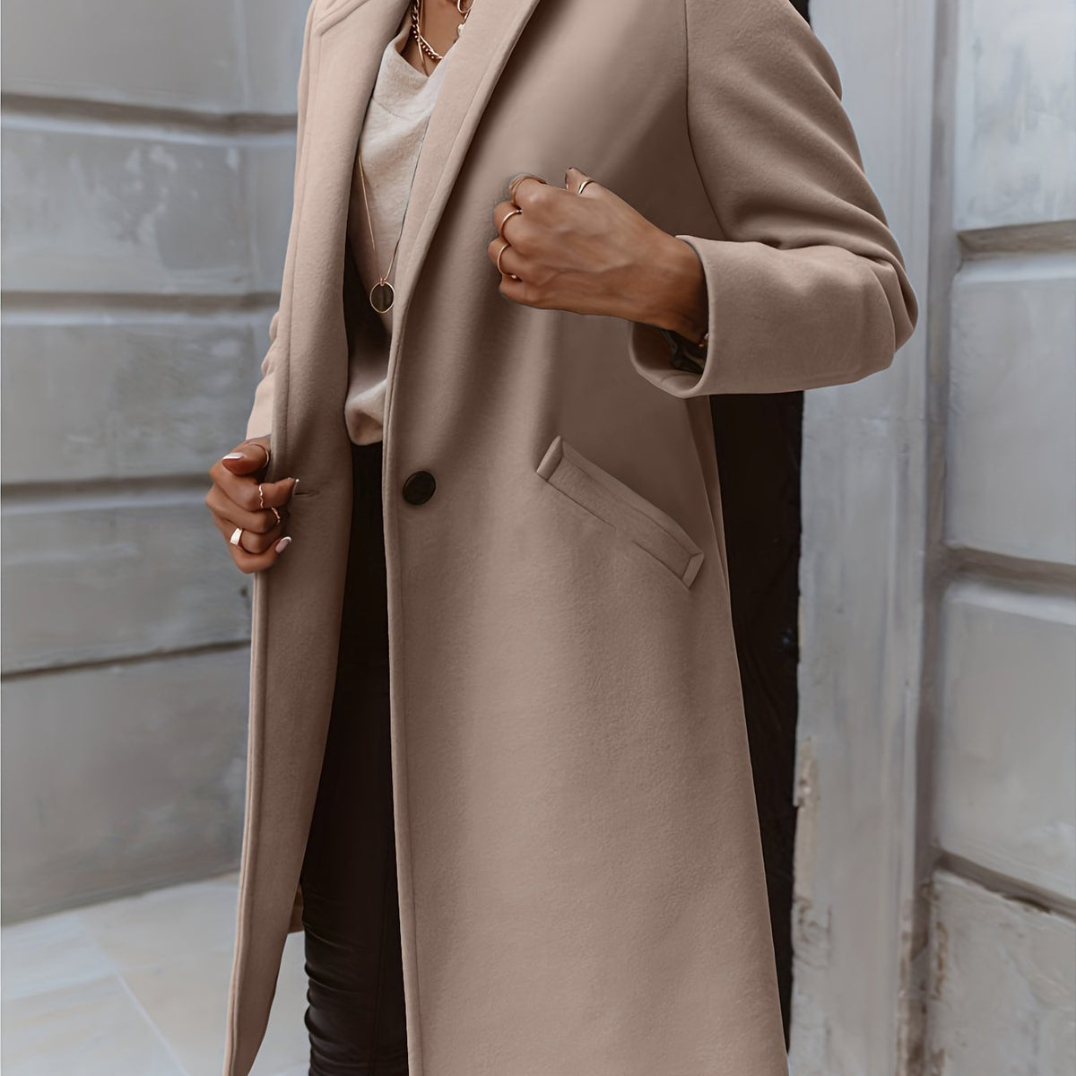 Solid Mid Length Coat, Elegant Open Front Long Sleeve One Button Outerwear, Women's Clothing