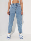 gbolsos  Blue Slant Pockets Tapered Jeans, Straight Legs Non-Stretch Casual Mom Jeans, Women's Denim Jeans & Clothing