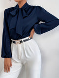 Solid Tie Neck Blouse, Elegant Long Lantern Sleeve Blouse For Spring & Fall, Women's Clothing