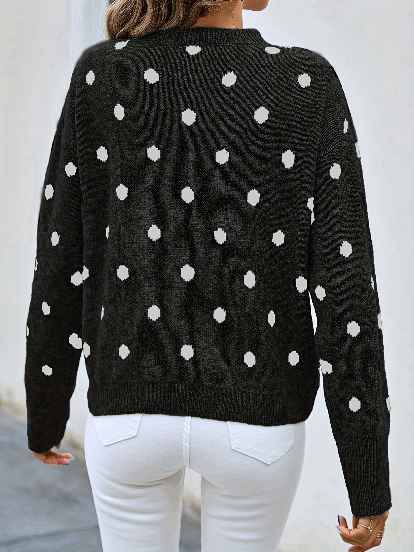 gbolsos  Polka Dot Crew Neck Pullover Sweater, Casual Long Sleeve Sweater For Fall & Winter, Women's Clothing