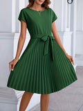 gbolsos  Pleated Tie Front Dress, Casual Short Sleeve Dress For Spring & Summer, Women's Clothing