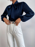 Solid Tie Neck Blouse, Elegant Long Lantern Sleeve Blouse For Spring & Fall, Women's Clothing