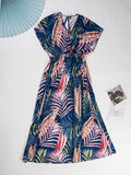 Tropical Print Tie Back Dress, Boho Shirred Short Sleeve V Neck Dress, Women's Clothing