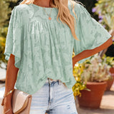 gbolsos  Casual Lace Flare Sleeve Blouse, Short Sleeve Crew Neck Solid Blouse, Casual Every Day Tops, Women's Clothing