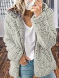 Plus Size Casual Winter Coat, Women's Plus Solid Zip Up Long Sleeve Hooded Teddy Coat