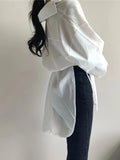 gbolsos  Solid Tie Waist Asymmetrical Hem Blouse, Versatile Long Sleeve Button Front Blouse, Women's Clothing