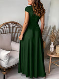 Plunging Split Thigh Dress, Casual Solid Short Sleeve Maxi Dress, Women's Clothing