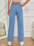 gbolsos  Light Blue Casual Straight Jeans, Non-Stretch Loose Fit Slash Pockets Denim Pants, Women's Denim Jeans & Clothing