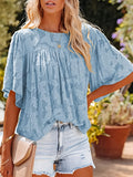 gbolsos  Casual Lace Flare Sleeve Blouse, Short Sleeve Crew Neck Solid Blouse, Casual Every Day Tops, Women's Clothing