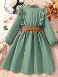 Girl's Casual Dress Button Collar Belted Pleated A Line Midi Dress Long Sleeve Ruffle Trim Shirt Dresses