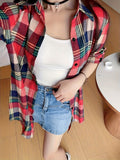 Plaid Print Button Front Shirt, Thigh Length Long Sleeve Shirt For Spring & Fall, Women's Clothing