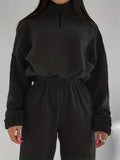 gbolsos  Women's 2 Pieces Casual Sports Set, Long Sleeve Half Zipper Crop Top & Drawstring Loose Jogger Pants, Women's Clothing