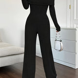 Ribbed Off Shoulder Jumpsuit, Casual Long Sleeve Jumpsuit For Spring & Fall, Women's Clothing