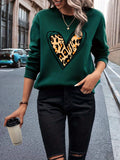 Leopard Heart Print Sweatshirt, Casual Long Sleeve Crew Neck Sweatshirt, Women's Clothing