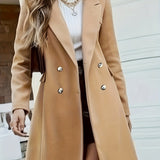 Plus Size Elegant Coat, Women's Plus Solid Long Sleeve Double Breast Button Lapel Collar Longline Coat