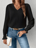 gbolsos  Stripe Textured V Neck Blouse, Casual Shirred Cuff Long Sleeve Blouse For Spring & Fall, Women's Clothing