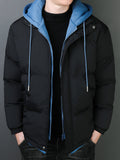 Men's Hooded Padded Jacket, Men Casual Fake Two Piece Padded Coat Windbreaker Zipper For Men Winter