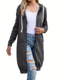 Solid Zip Up Long Length Hoodie, Casual Long Sleeve Drawstring Hoodies Sweatshirt, Women's Clothing