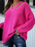 gbolsos   Plus Size Casual Sweater, Women's Plus Solid Knitted Long Sleeve Cut Out V Neck Medium Stretch Pullover Jumper