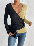 Color Block V-neck T-shirt, Casual Long Sleeve Slim T-shirt For Spring & Fall, Women's Clothing