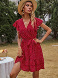 Polka Dot Flutter Sleeve Dress, Casual Layered Hem Dress For Spring & Summer, Women's Clothing